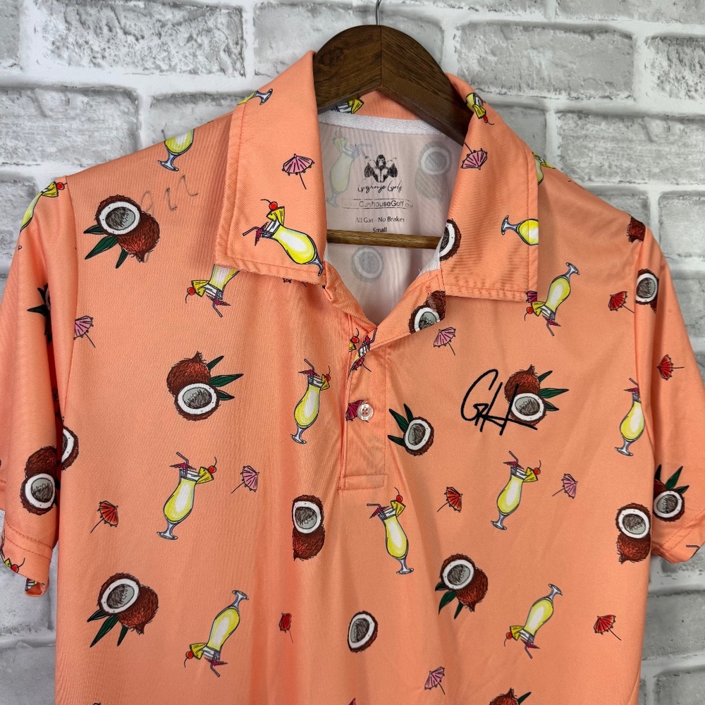 Gas House Golf Primary Peach Tropical Cocktails Golf Polo Mens Small Stretch